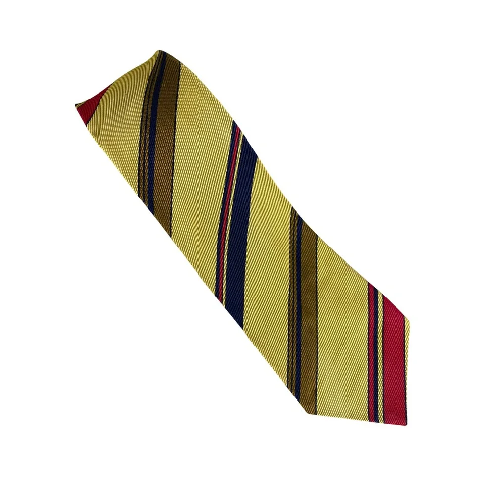 VTG Mens Tie Gold Yellow Red Navy Blue Olive Bold Repp Stripe Preppy 53x3.5